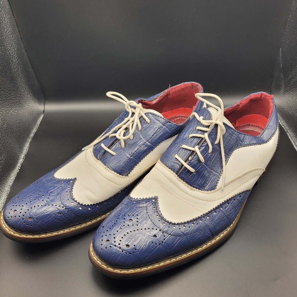 Alberto Fellini Mens Blue White Croc Embossed Wingtip Oxford Dress Shoes 10.5